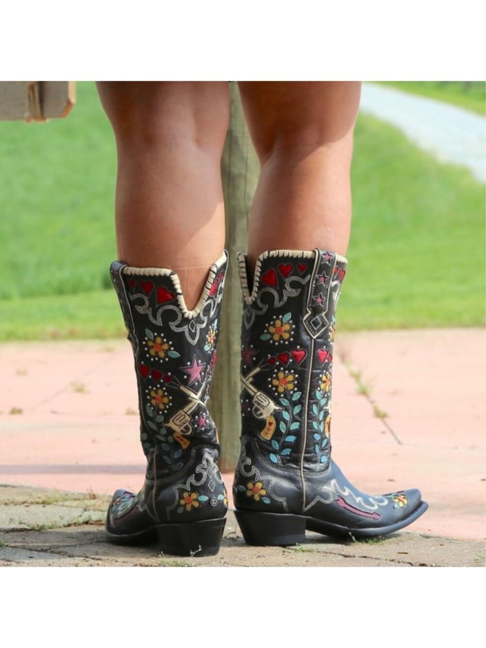 Women's Black Swallow Chunky Low Heels Western Cowboy Knee High Boots - Picture 6 of 6